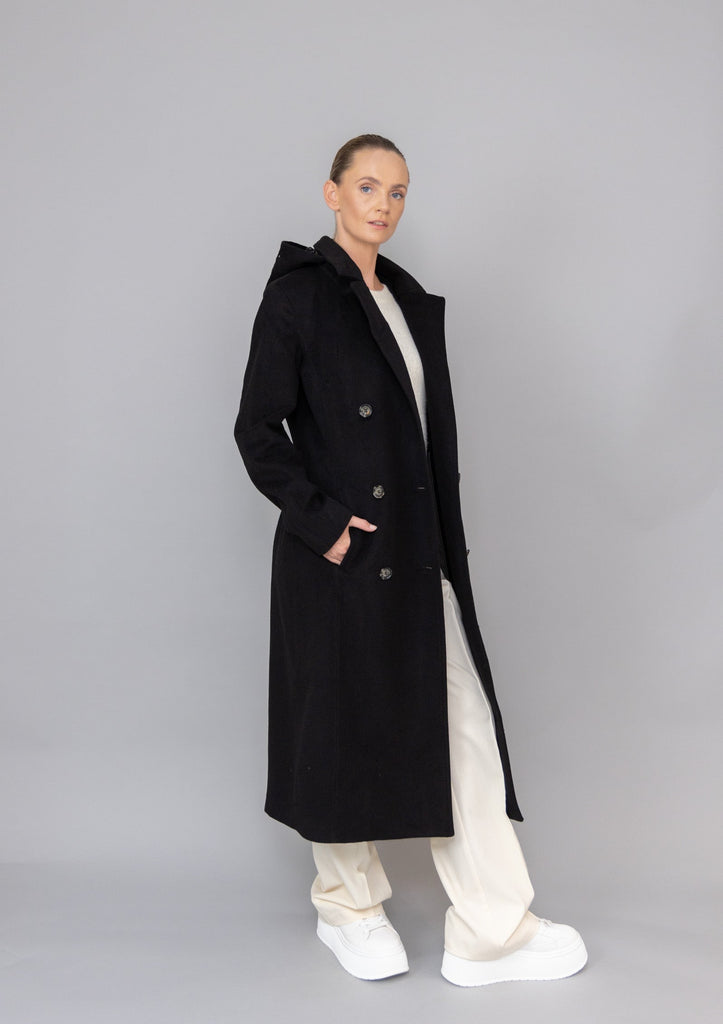 Waterproof Double Breasted Trench Wool Black