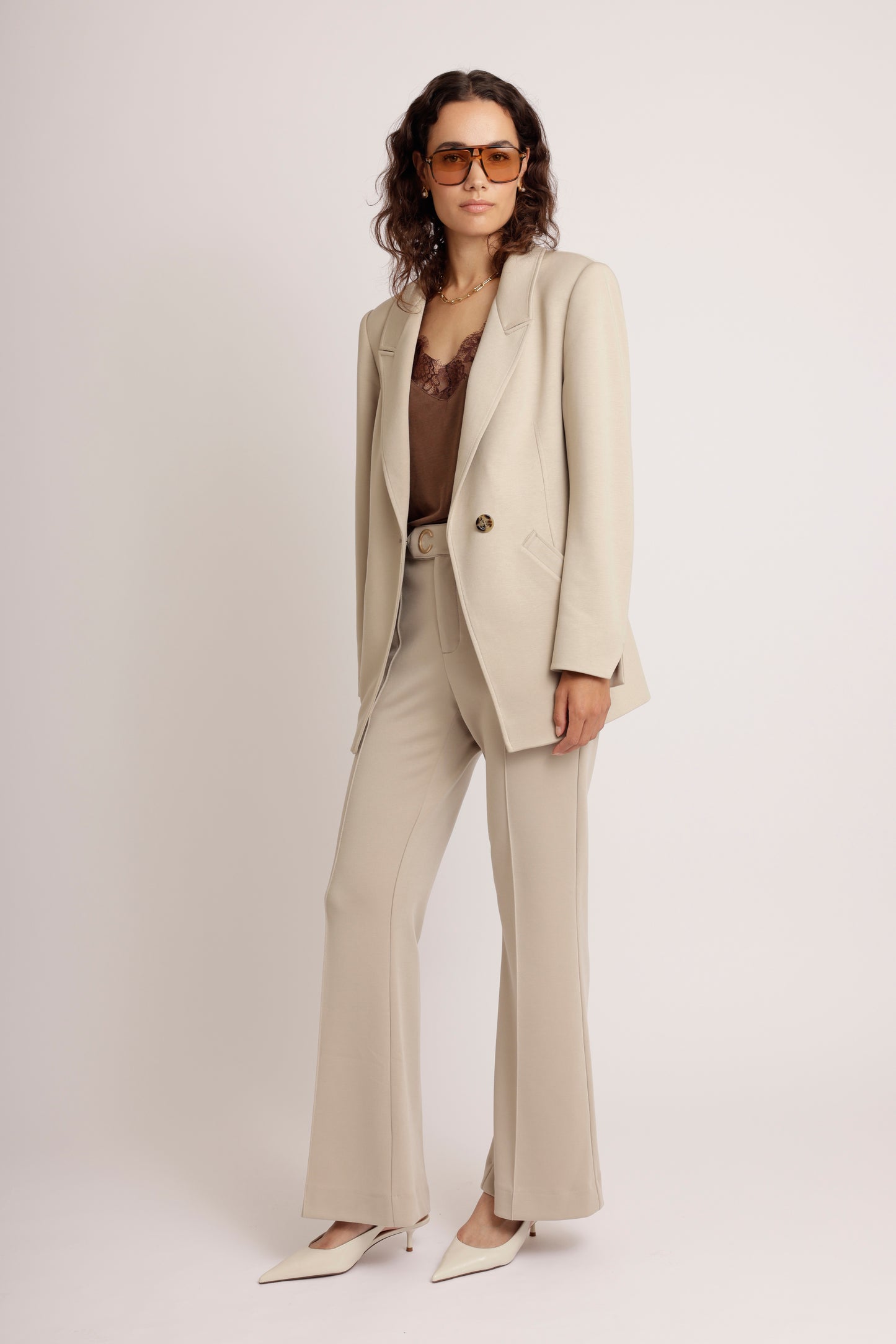 Wrinkle-Free Flared Stretchable Trousers | Beige