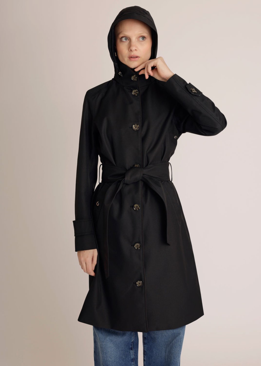 Waterproof Straight Fit Waistbelt Raincoat | Black Matte