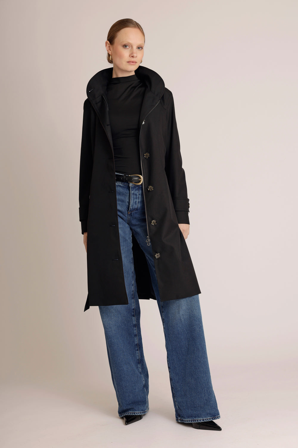 Waterproof Straight Fit Waistbelt Raincoat | Black Matte