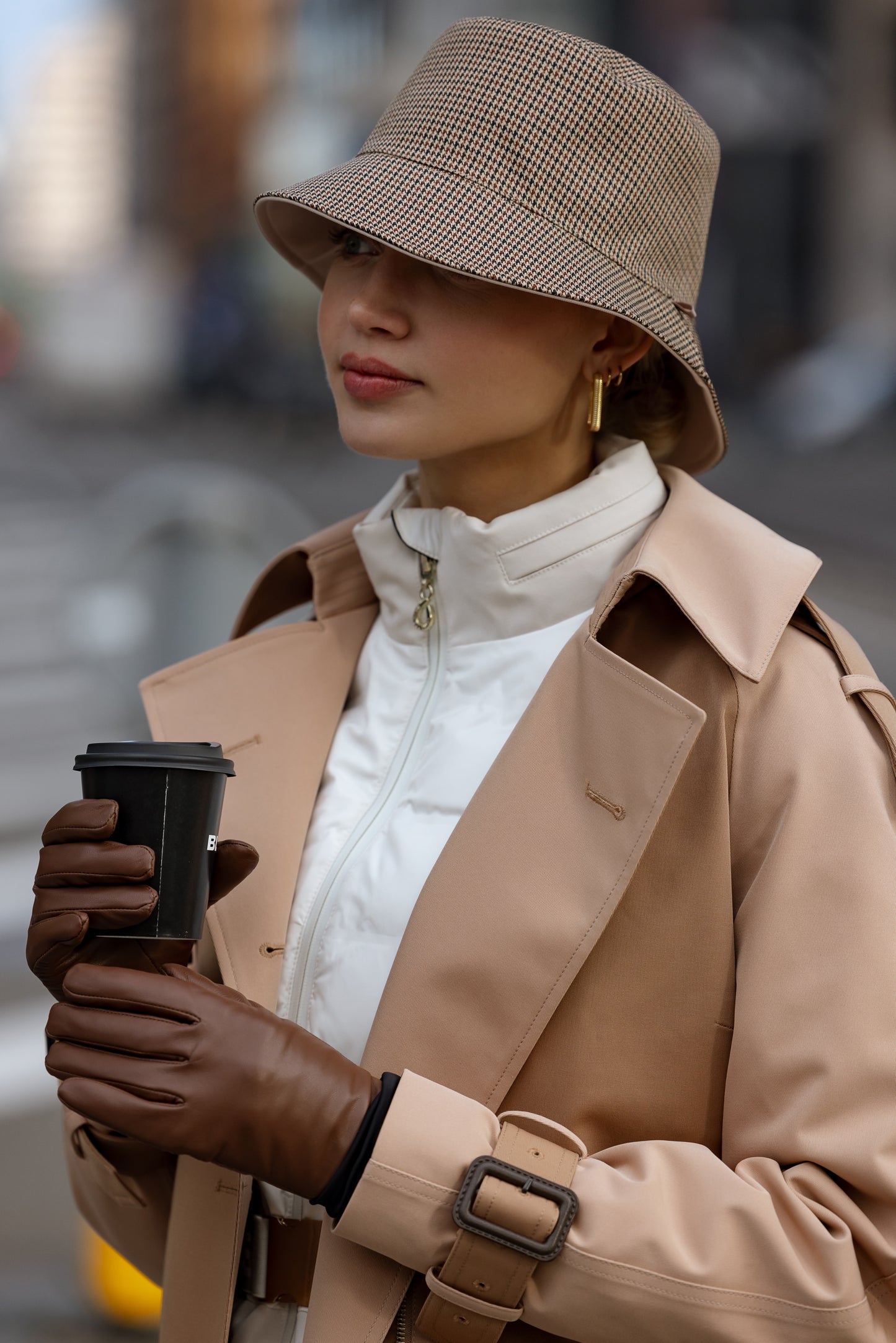Waterproof Unisex Reversible Bucket Hat | Beige Houndstooth