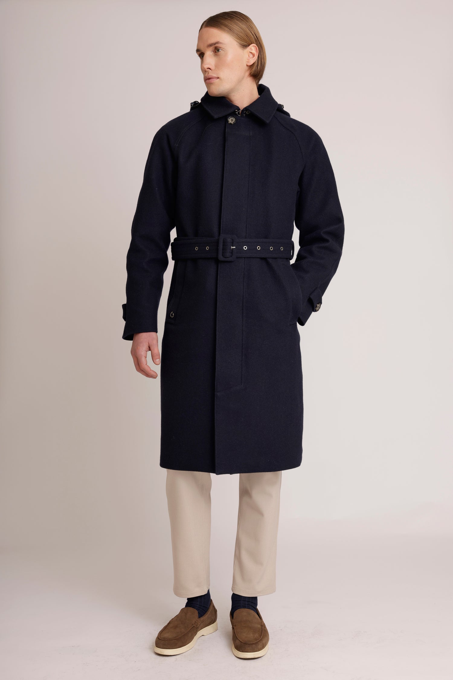 Waterproof Long Trench  |  Navy Wool