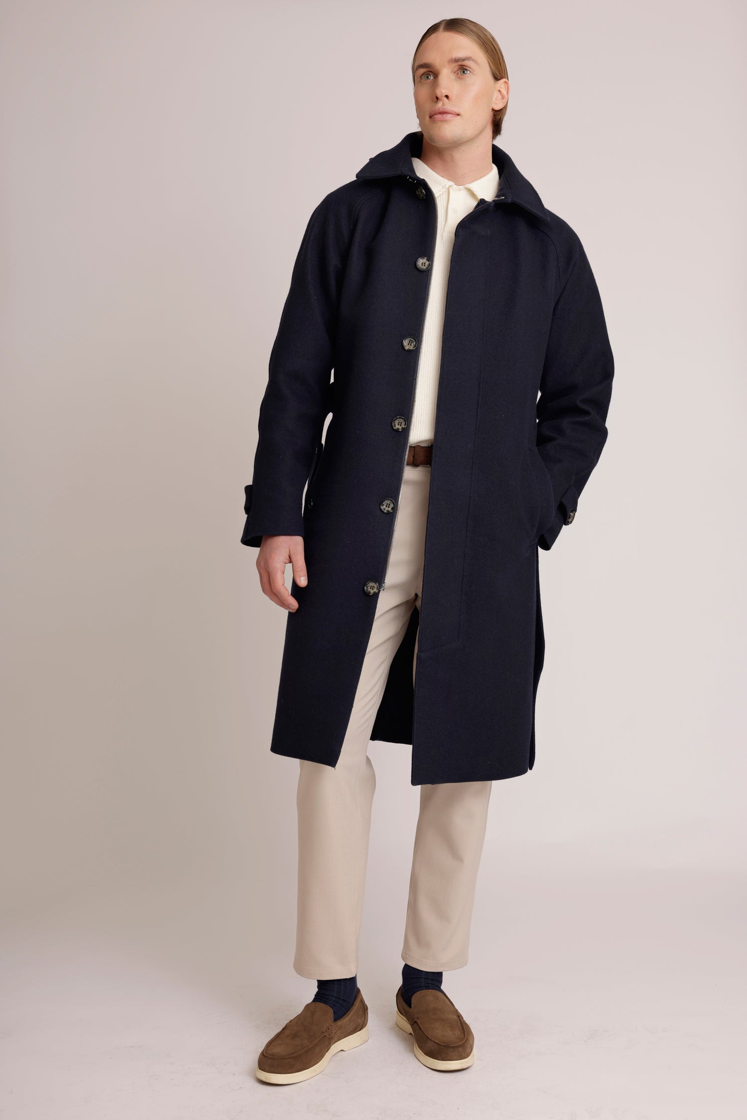 Waterproof Long Trench  |  Navy Wool
