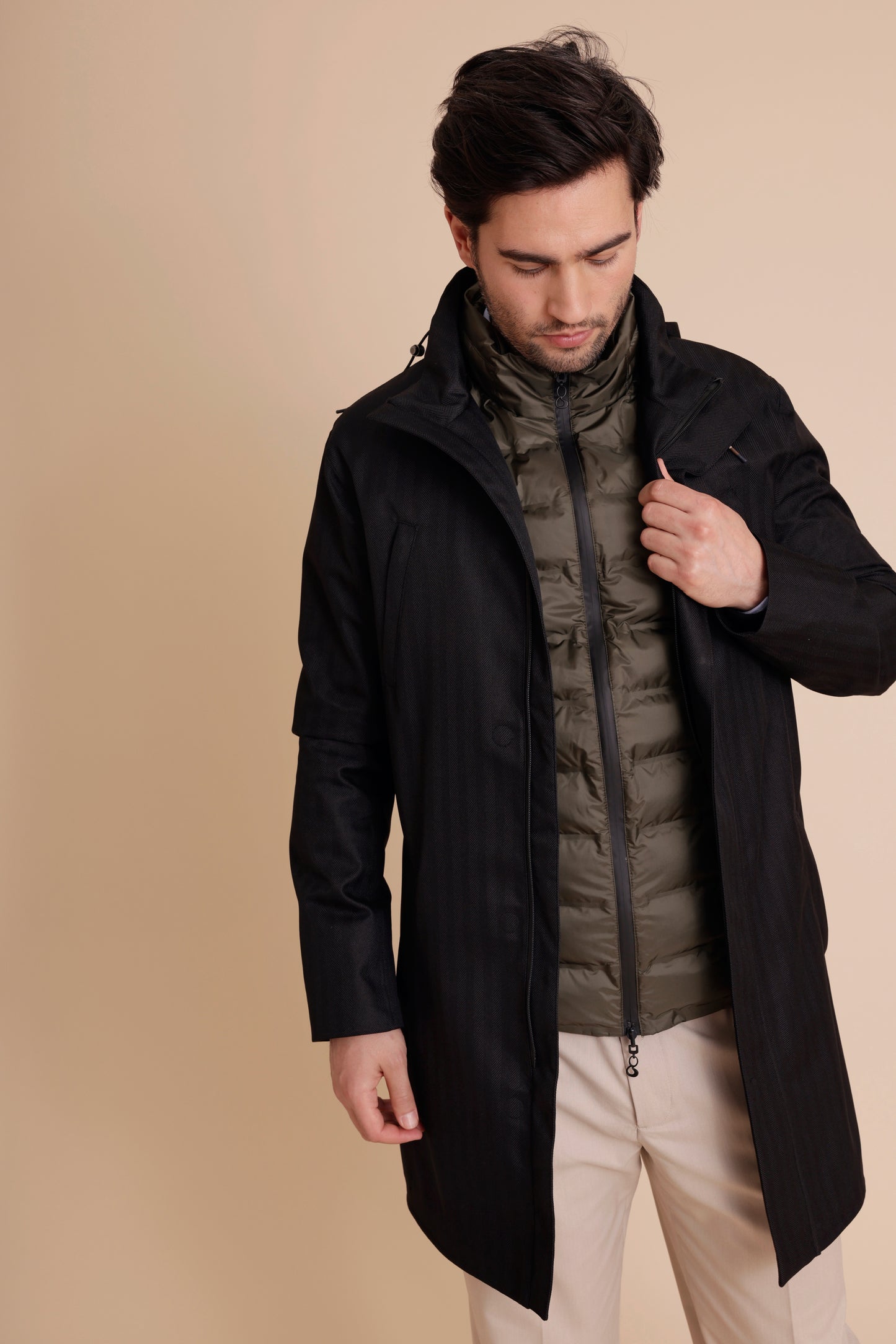Waterproof Tailored Fit Parka | Black Herringbone