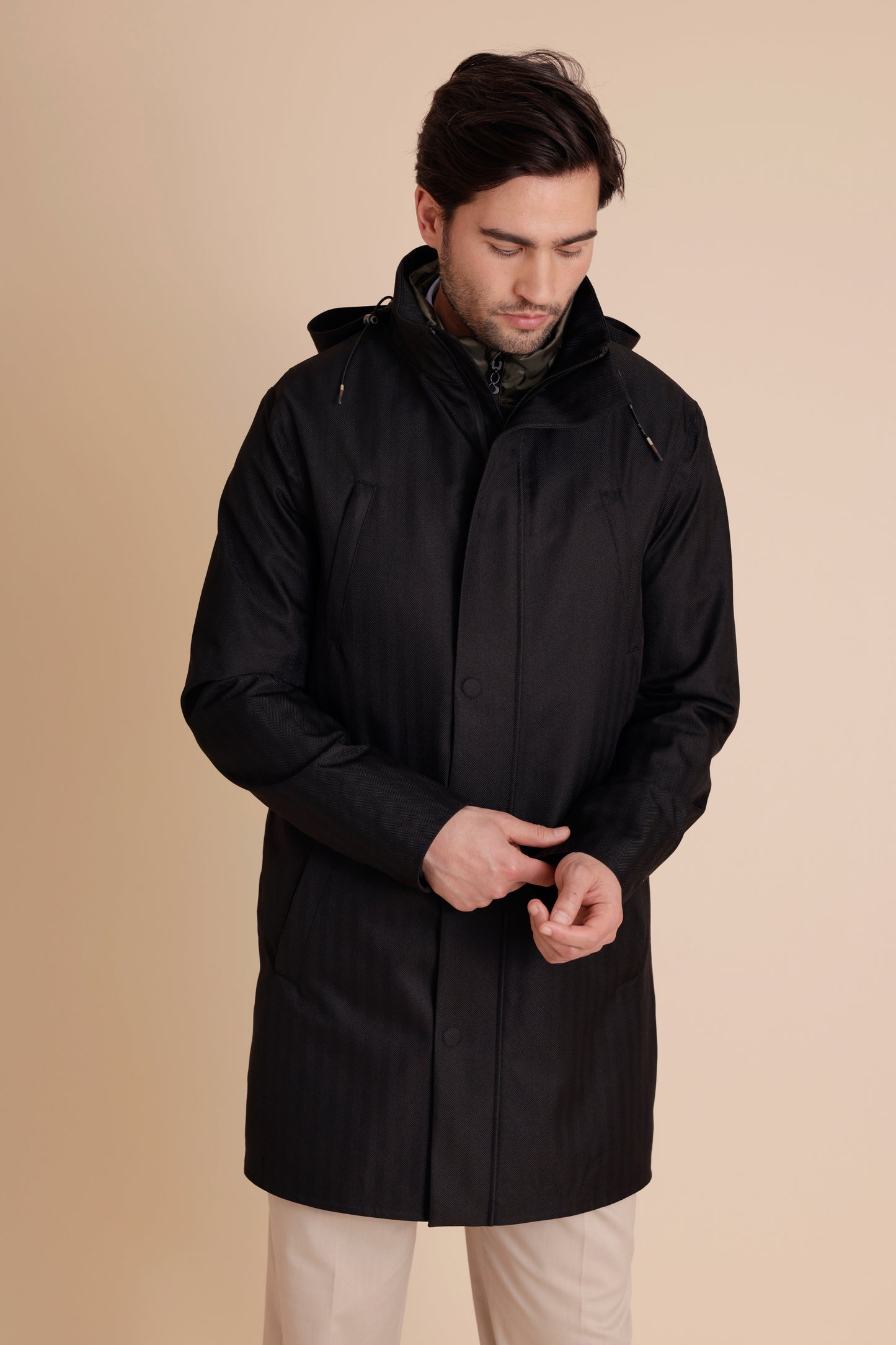 Waterproof Tailored Fit Parka | Black Herringbone