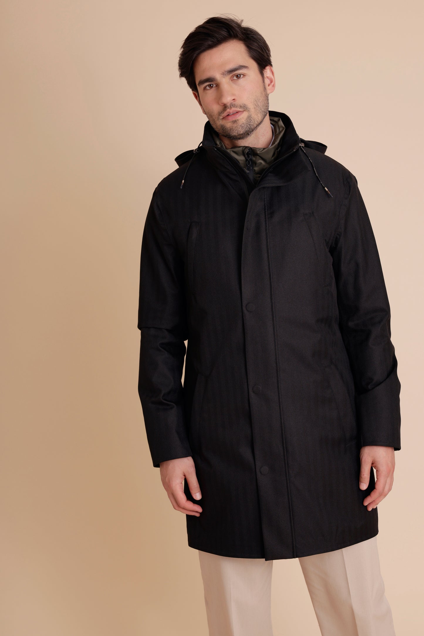 Waterproof Tailored Fit Parka | Black Herringbone