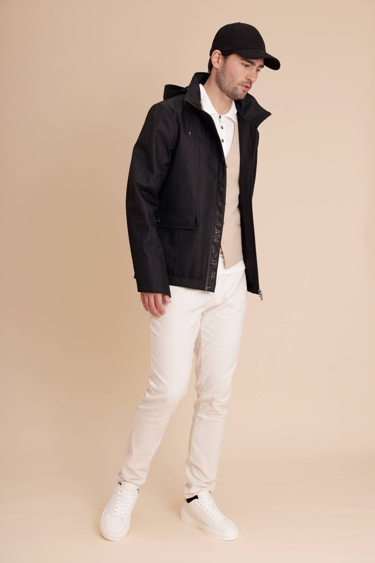 Waterproof Relaxed Fit Short Jacket | Black Herringbone