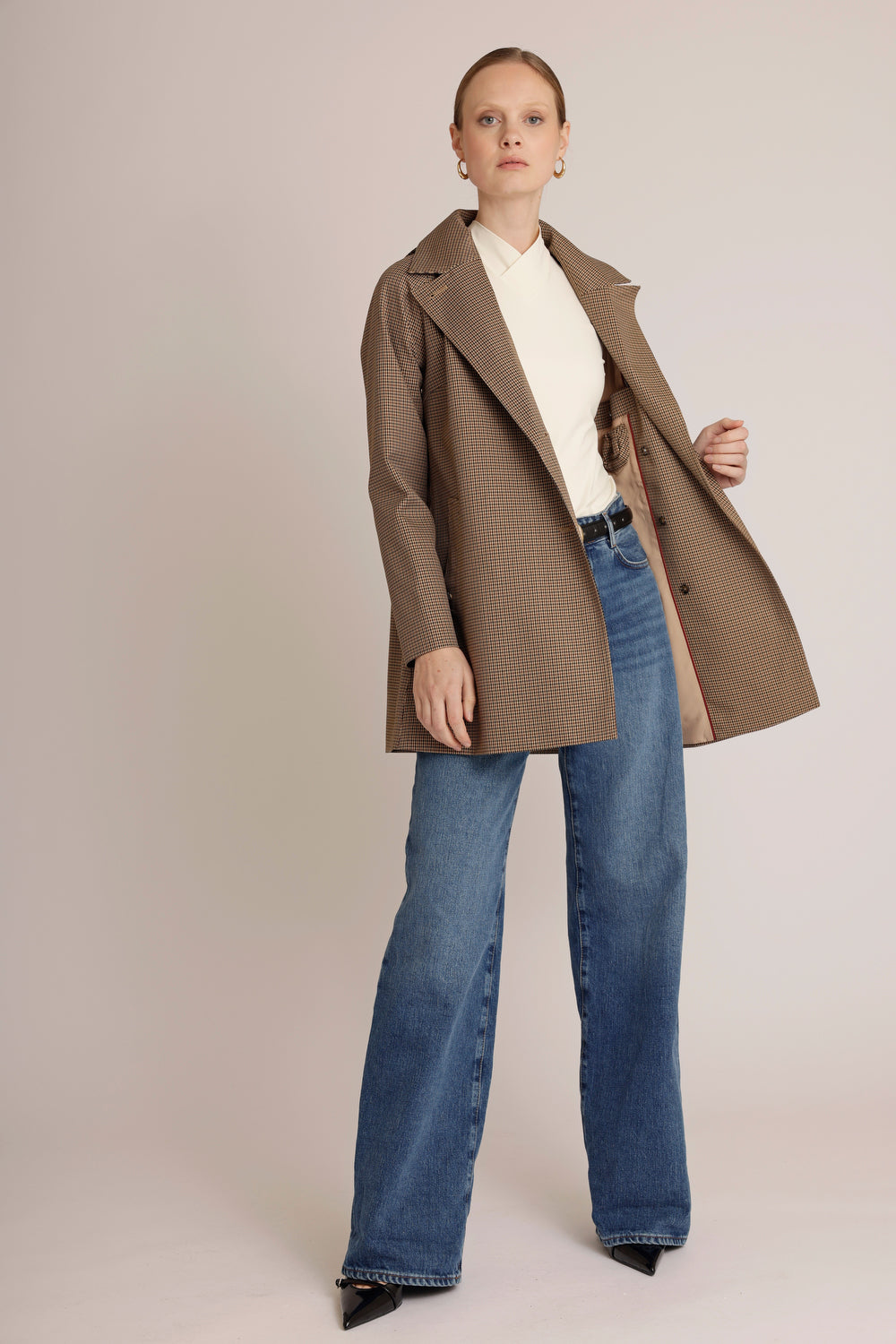 Waterproof Straight-Fit Short Trenchcoat | Houndstooth Check