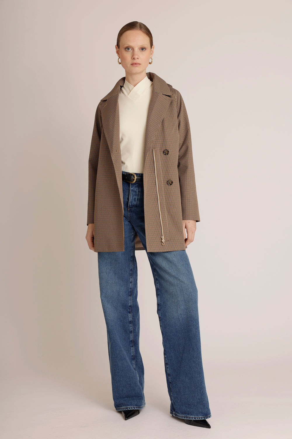 Waterproof Straight-Fit Short Trenchcoat | Houndstooth Check