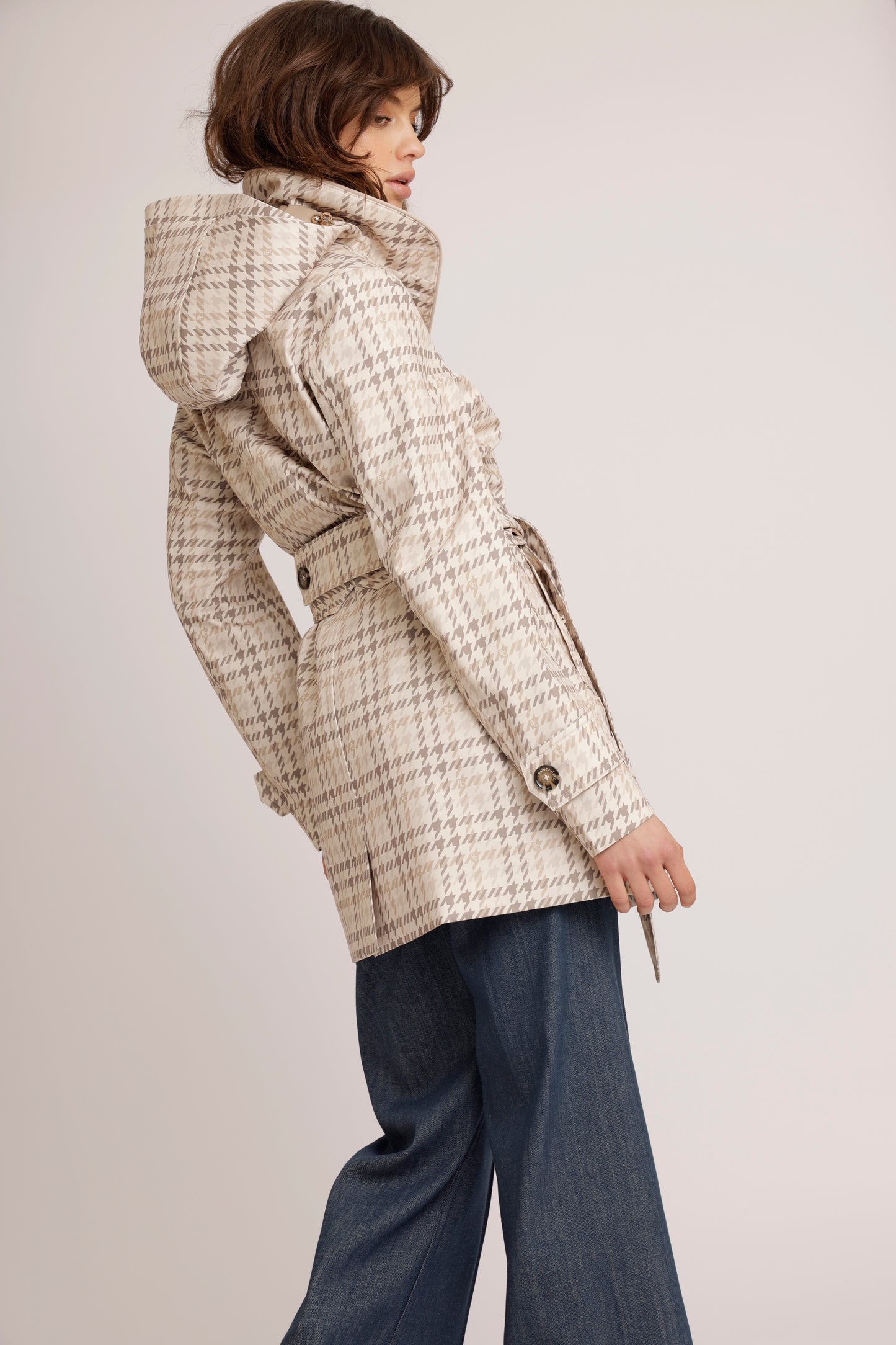 Waterproof Straight Fit Short Waistbelt Raincoat | Monogram Check