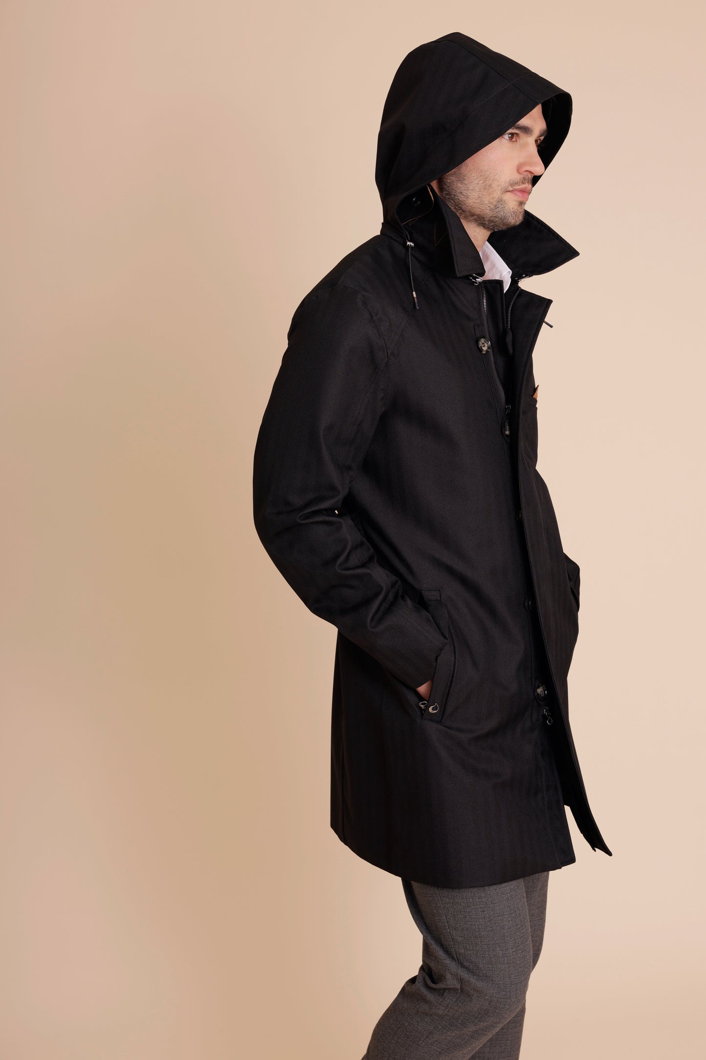 Waterproof Straight Fit Trenchcoat  | Black Herringbon