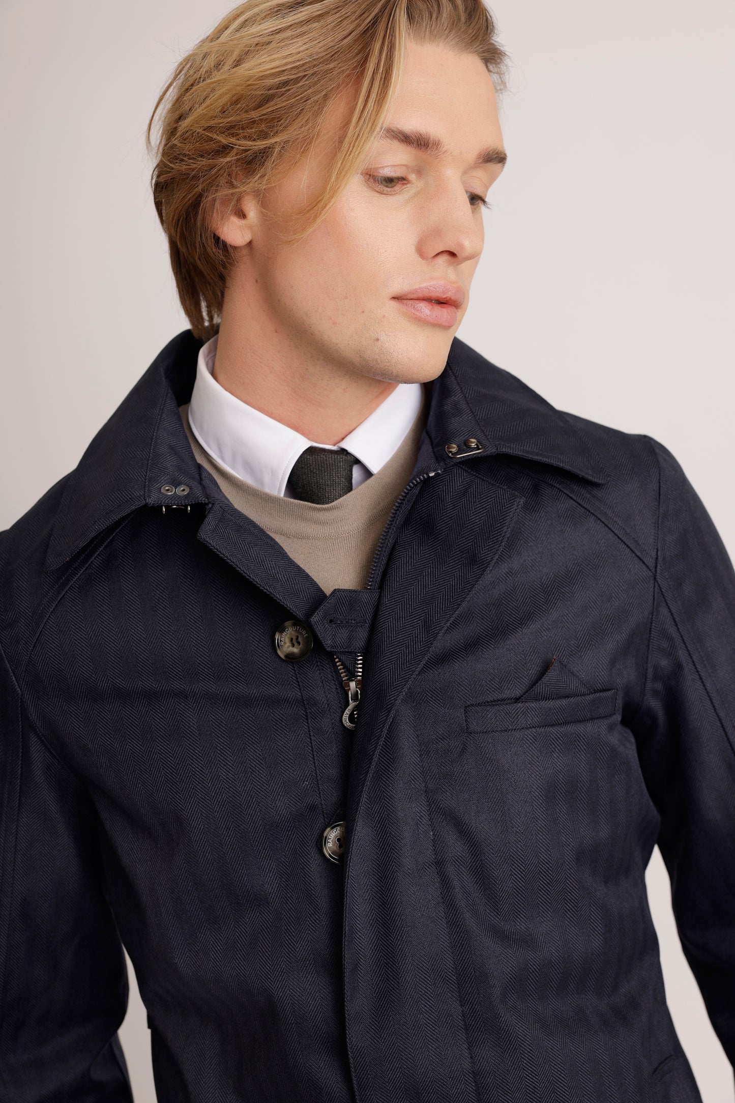 Waterproof Straight Fit Trenchcoat | Navy Herringbone