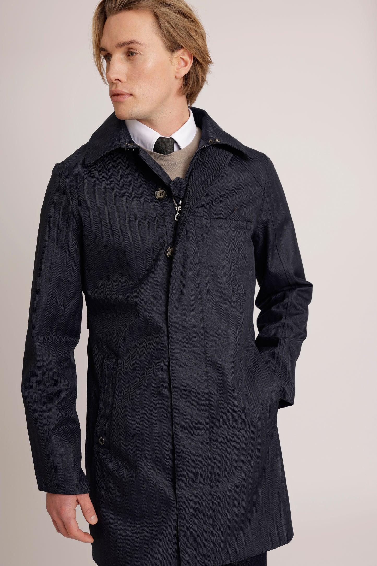 Waterproof Straight Fit Trenchcoat | Navy Herringbone