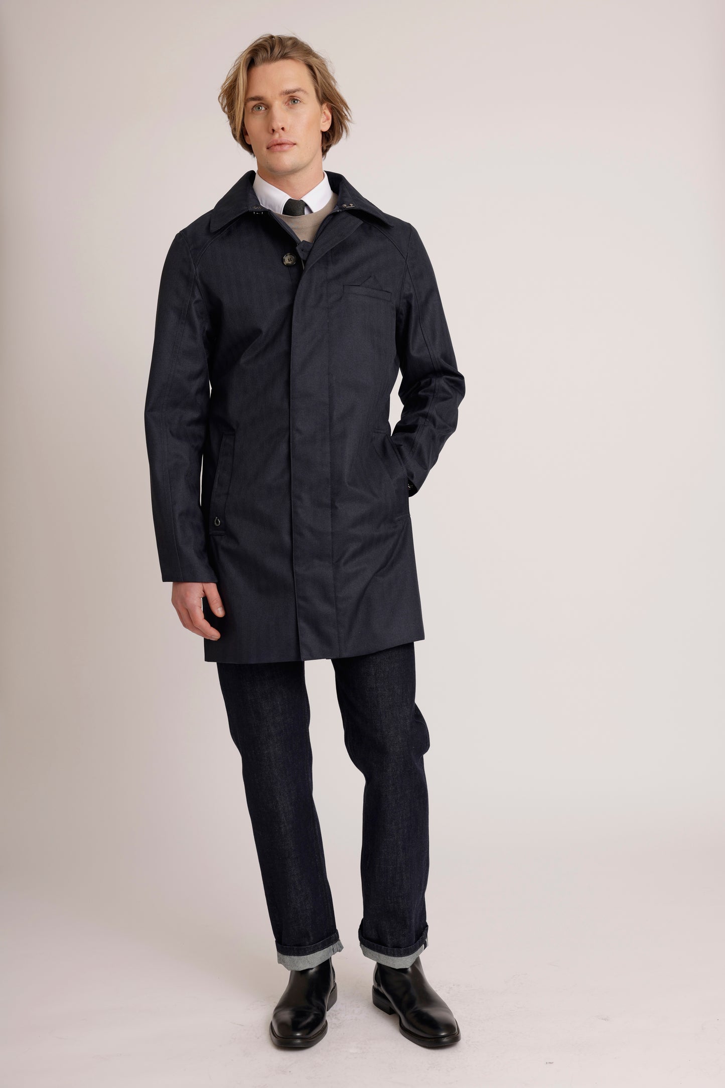 Waterproof Straight Fit Trenchcoat | Navy Herringbone