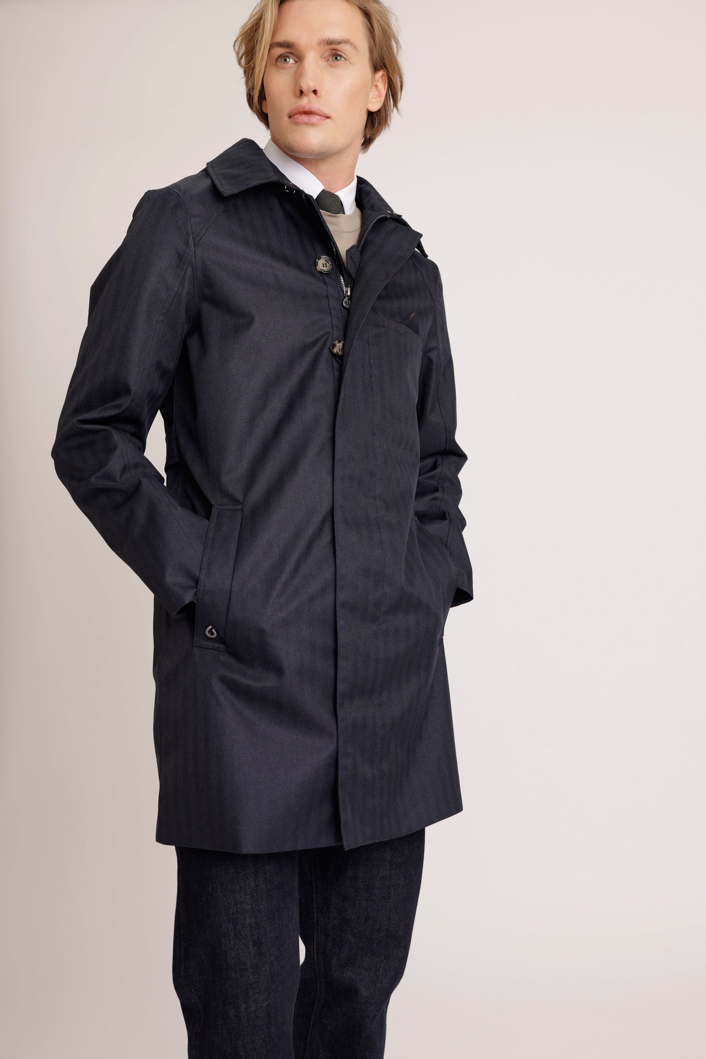 Waterproof Straight Fit Trenchcoat | Navy Herringbone