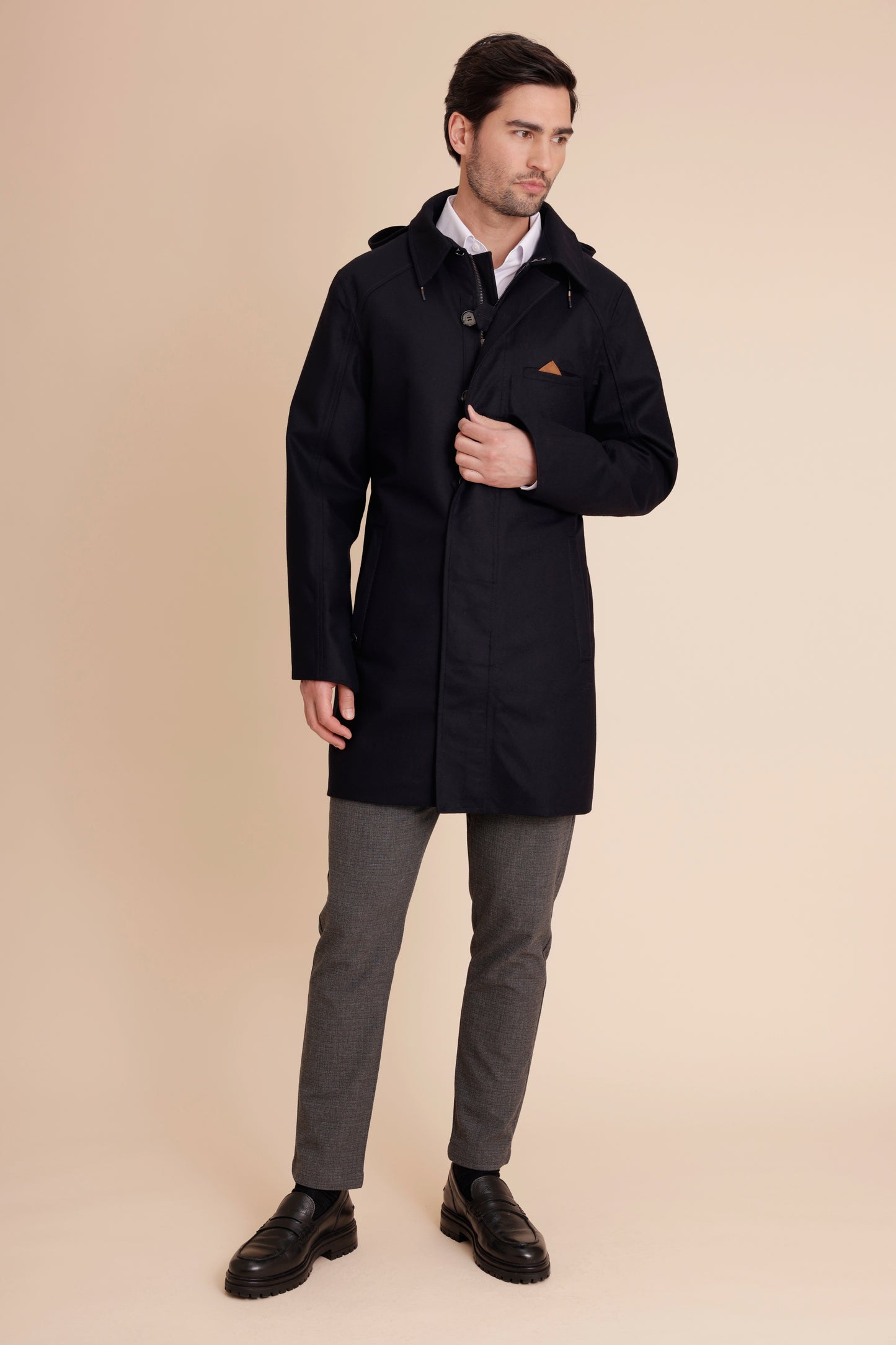 Waterproof Straight Fit Trenchcoat | Navy Wool