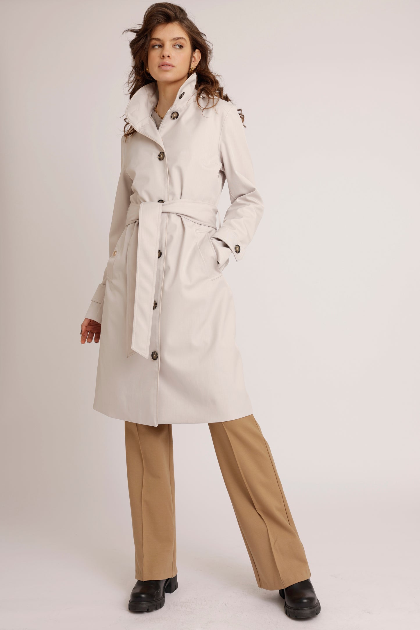 Waterproof Straight Fit Waistbelt Raincoat | Light Grey Melange