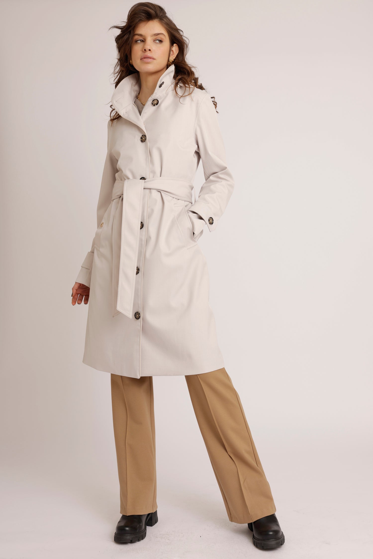 Waterproof Straight Fit Waistbelt Raincoat | Light Grey Melange