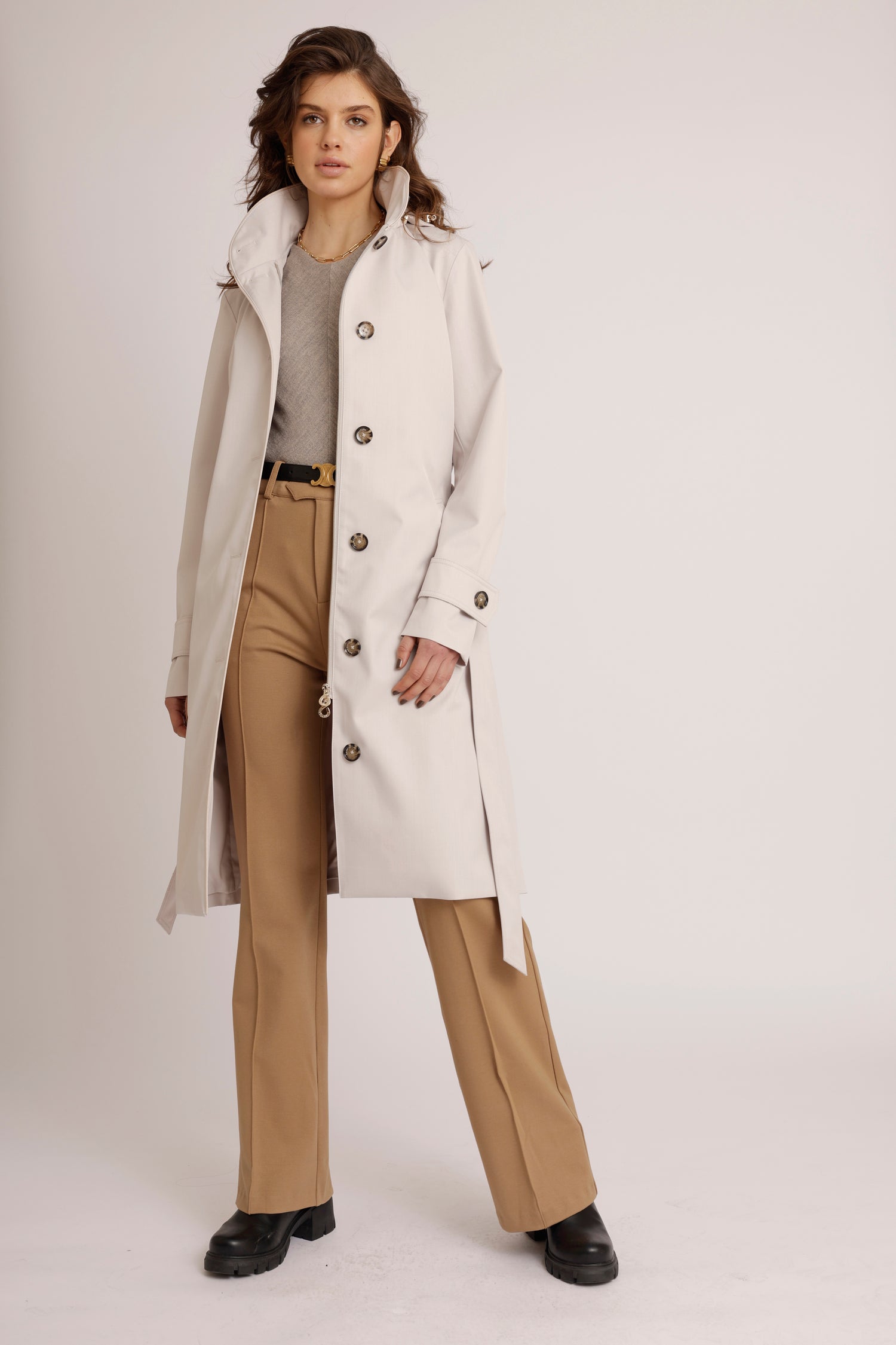 Waterproof Straight Fit Waistbelt Raincoat | Light Grey Melange