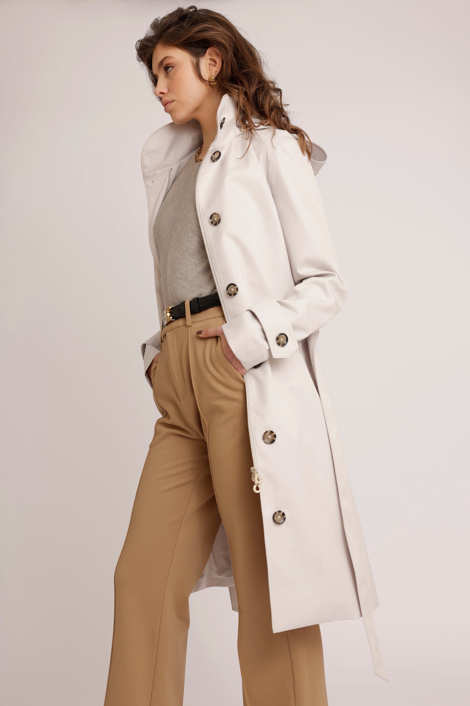 Waterproof Straight Fit Waistbelt Raincoat | Light Grey Melange