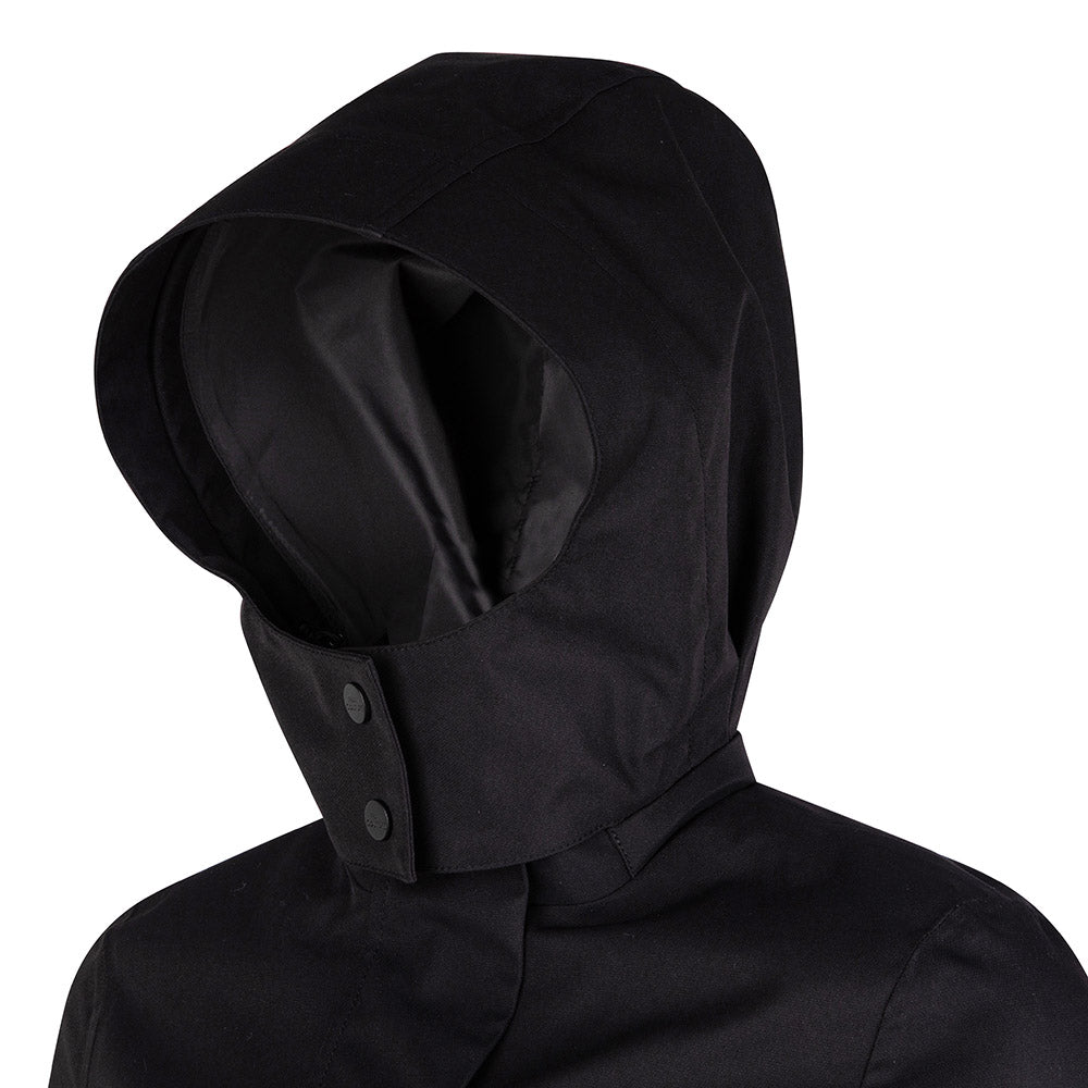 black tailored waterproof parka with detachable hood