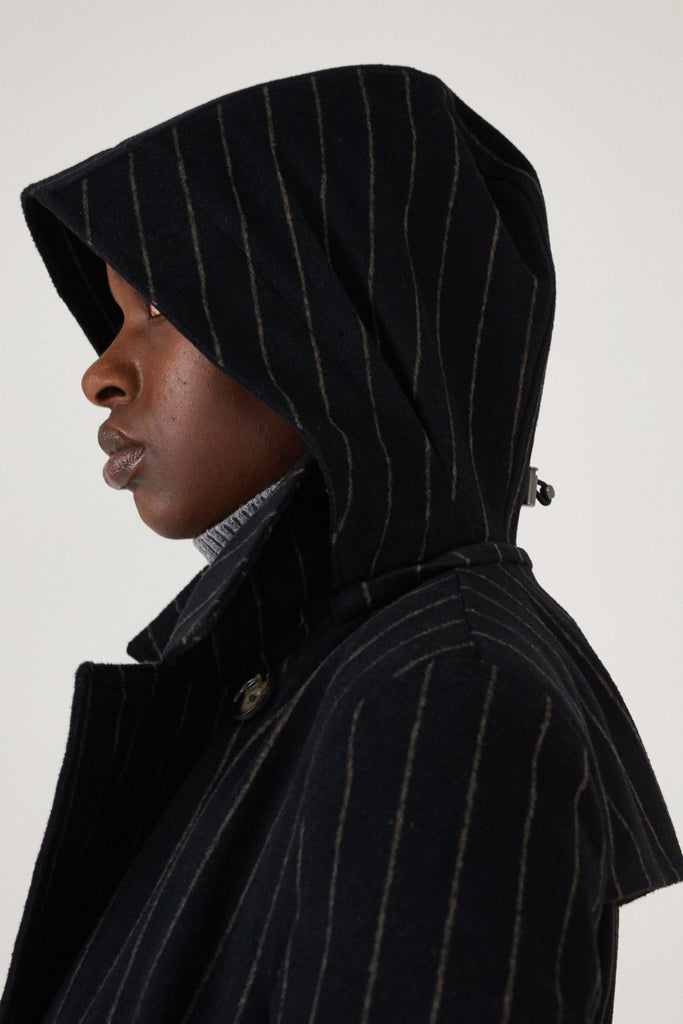 black wool wrap coat with detachable hood
