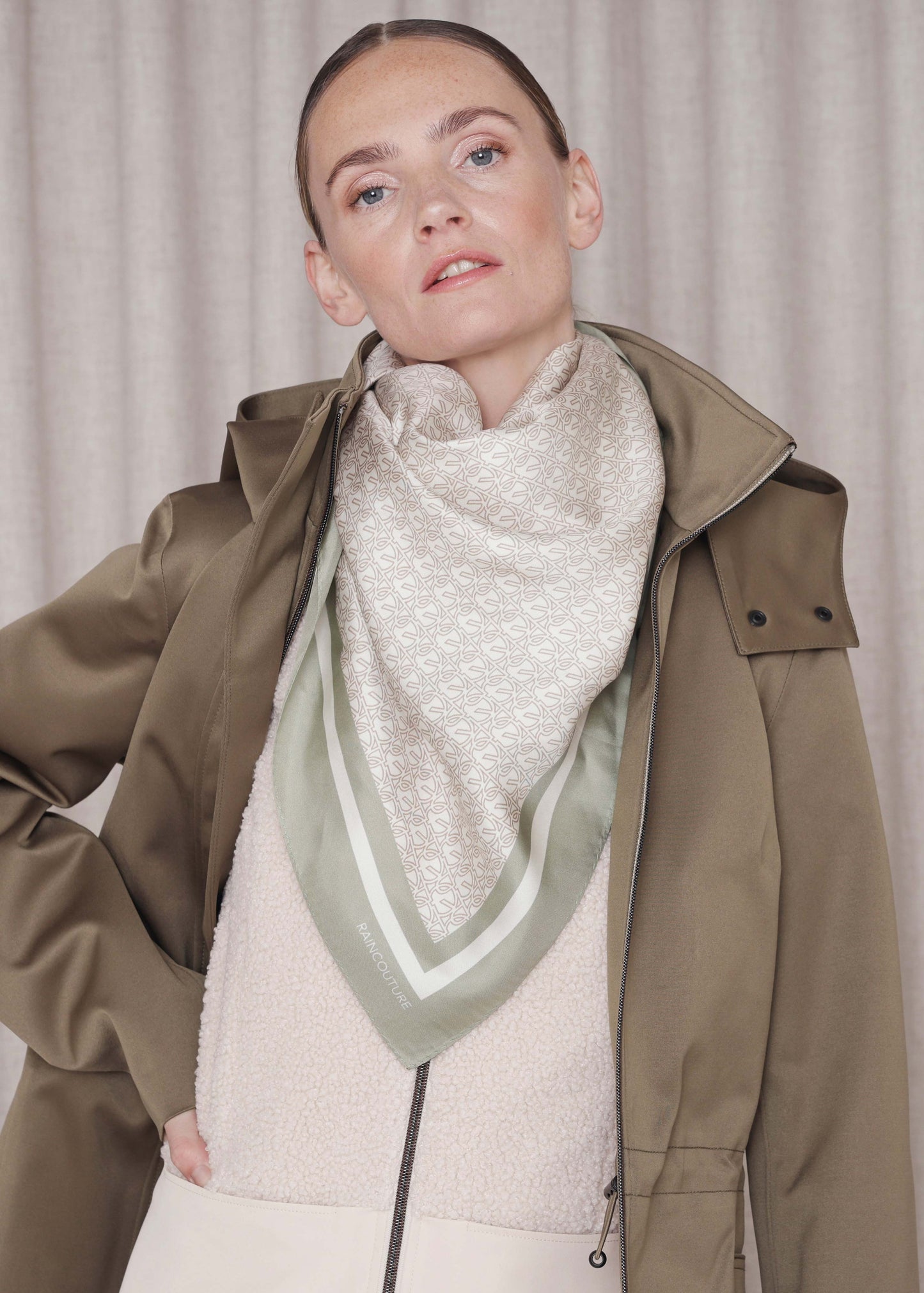 Monogram Silk Scarf | Green Beige Ivory