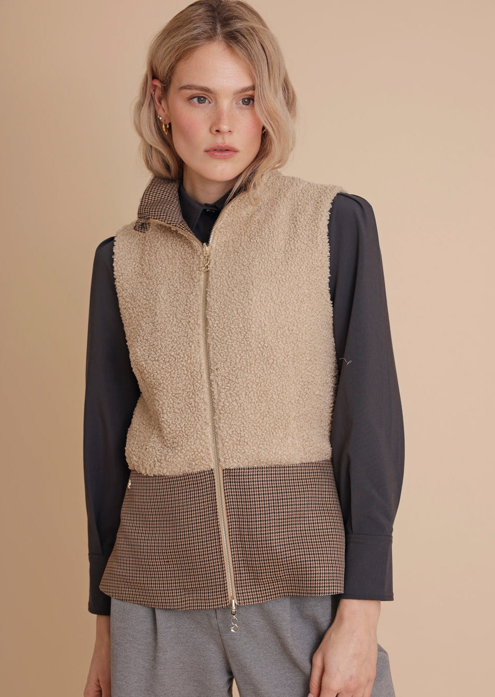 2-In-1 Teddy Jacket & Bodywarmer | Beige Houndstooth