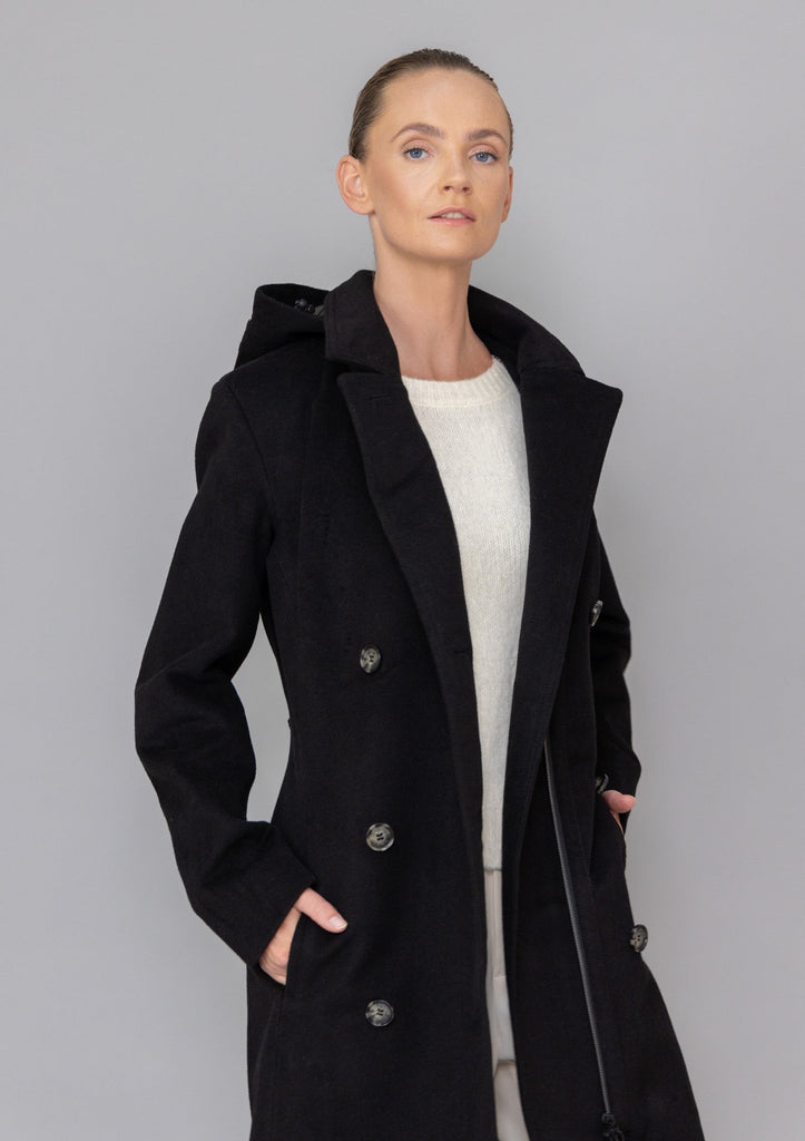Waterproof Double Breasted Trench Wool Black
