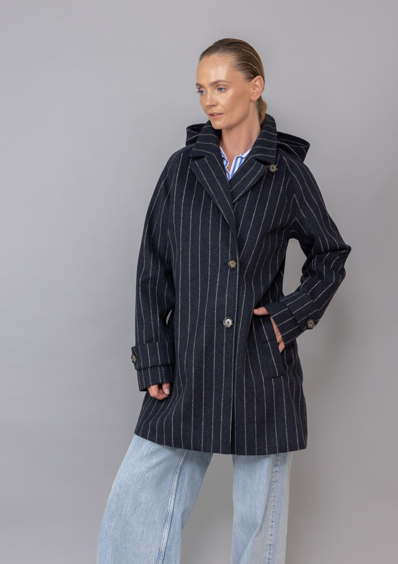 Waterproof A-Line Coat Wool - Navy Pinstripe | Rain Couture Amsterdam