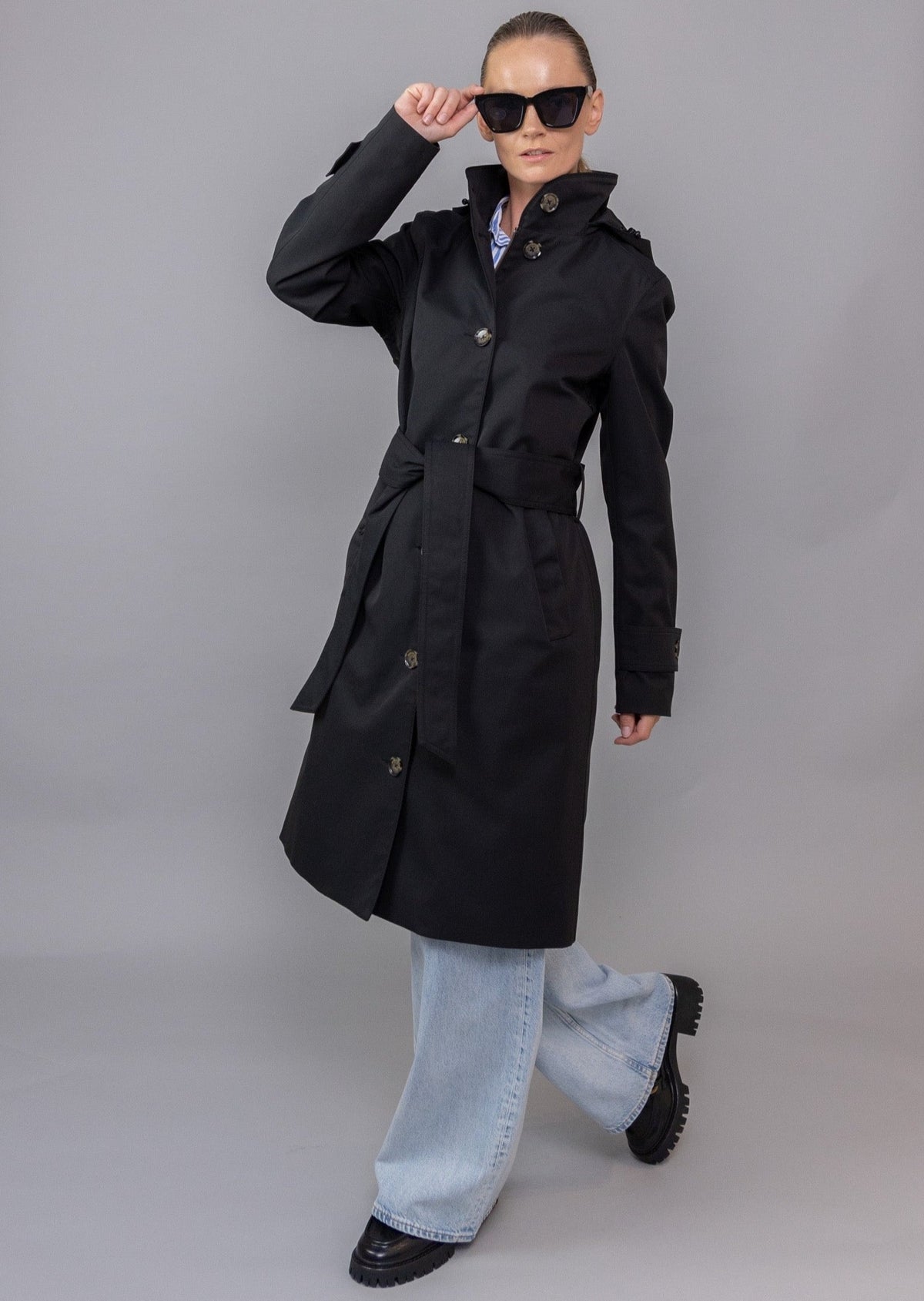 Waterproof Waistbelt Raincoat - Black Matte