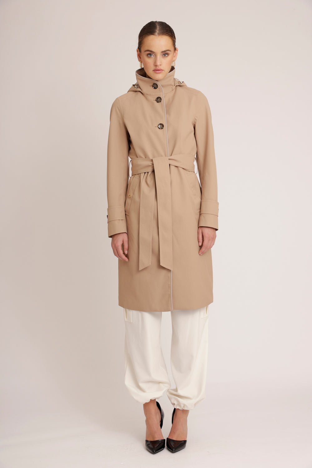 Waterproof Straight Fit Waistbelt Raincoat | Beige Matte