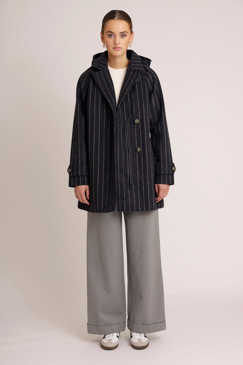 Waterproof Straight Wool Coat  | Navy Pinstripe