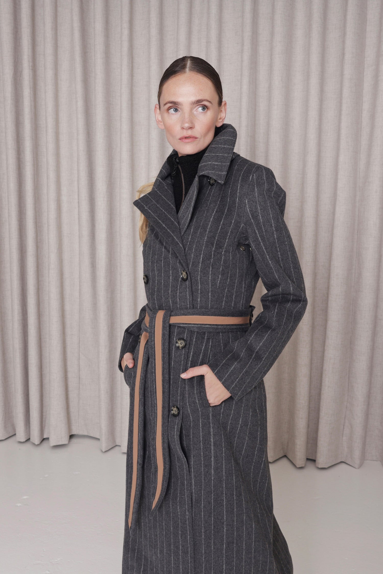 Waterproof Double Breasted Wool Trench  | Striped Gray Wool