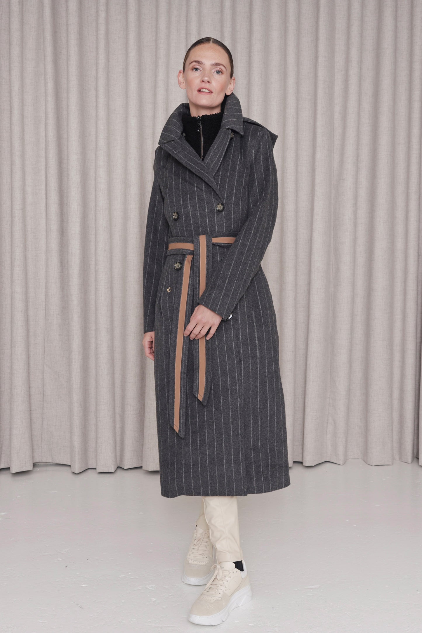 Waterproof Double Breasted Wool Trench  | Striped Gray Wool