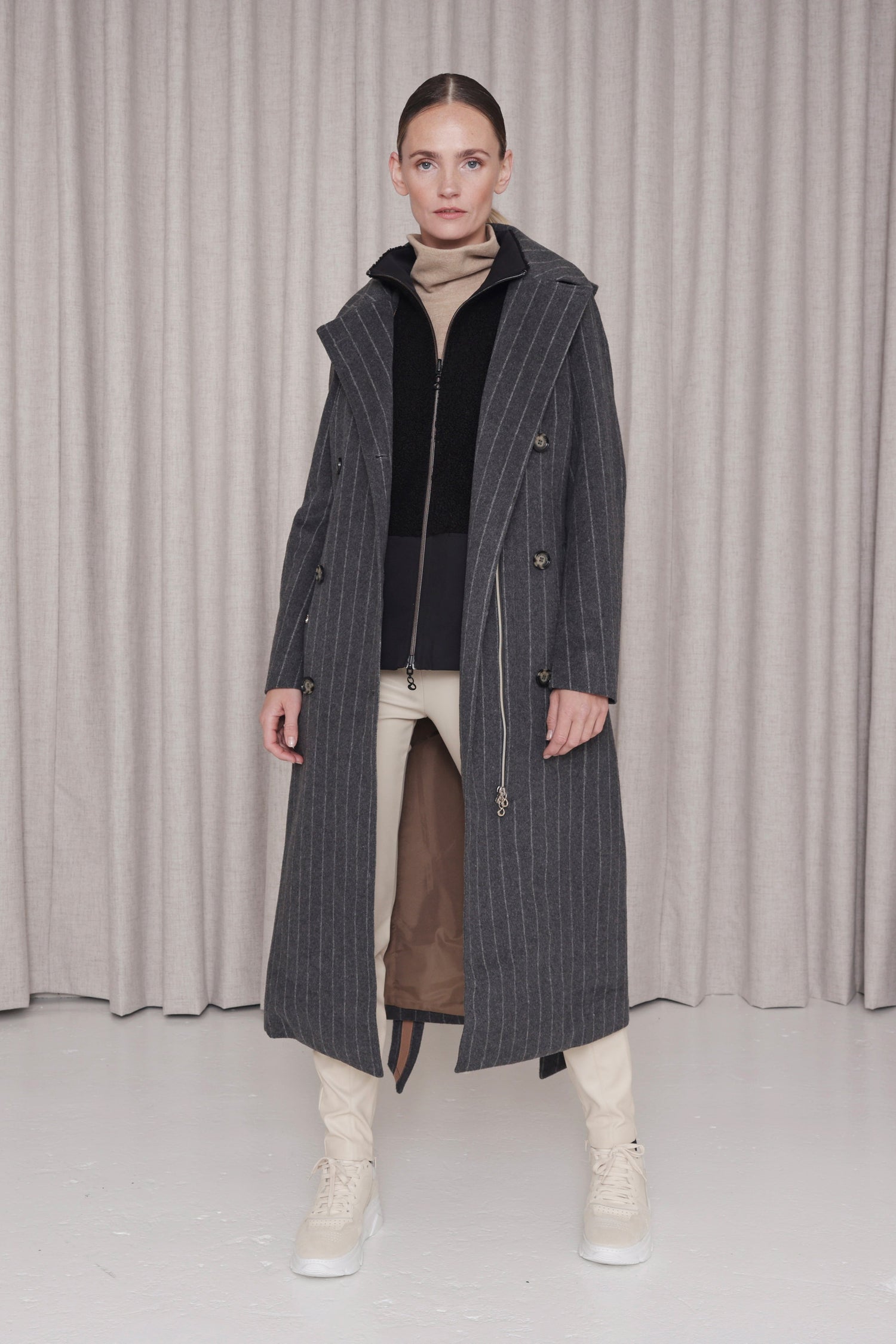 Waterproof Double Breasted Wool Trench  | Striped Gray Wool