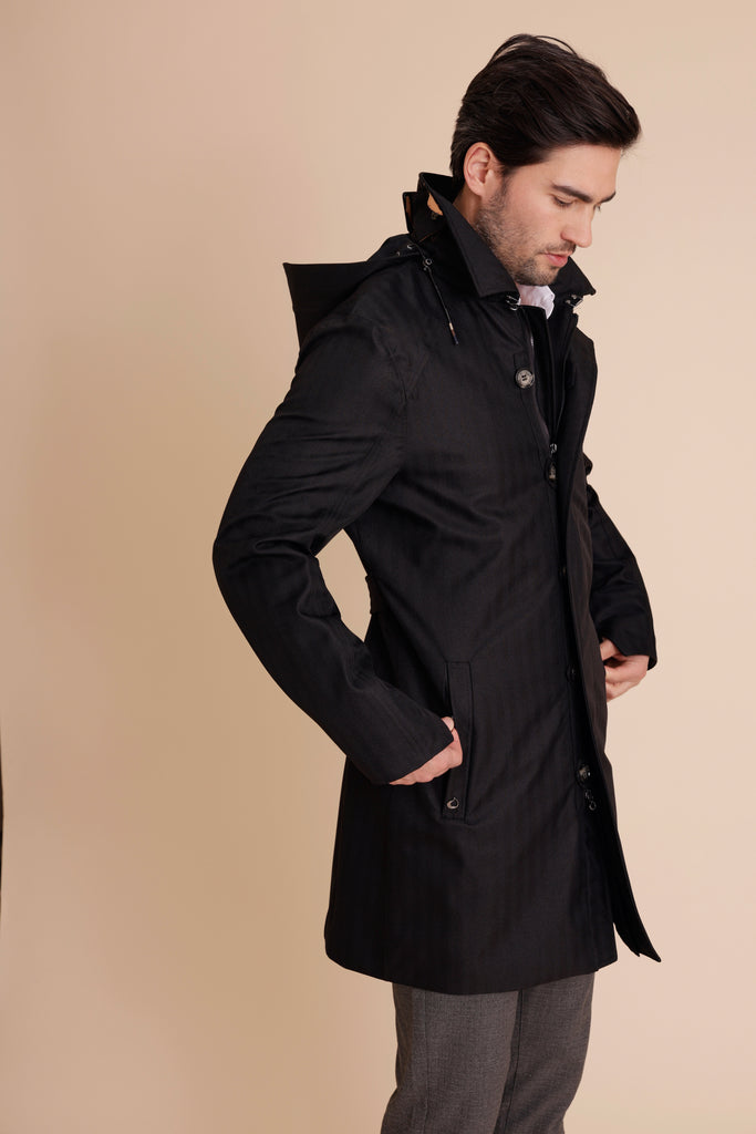 Waterproof Straight Fit Trenchcoat  | Black Herringbone