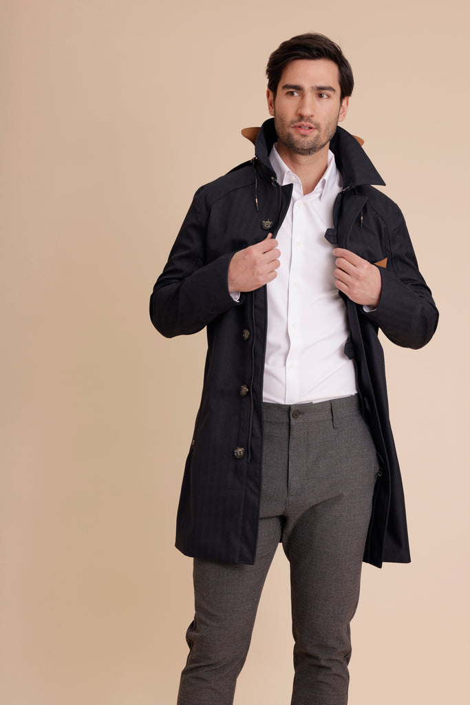 Waterproof Straight Fit Trenchcoat  | Navy Herringbone