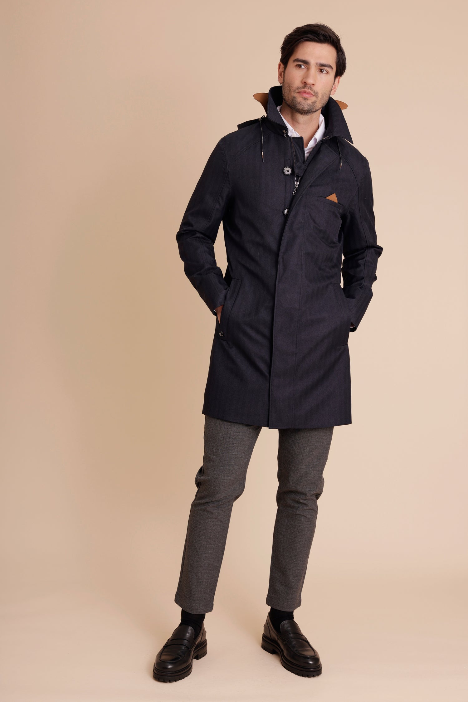 Waterproof Straight Fit Trenchcoat  | Navy Herringbone