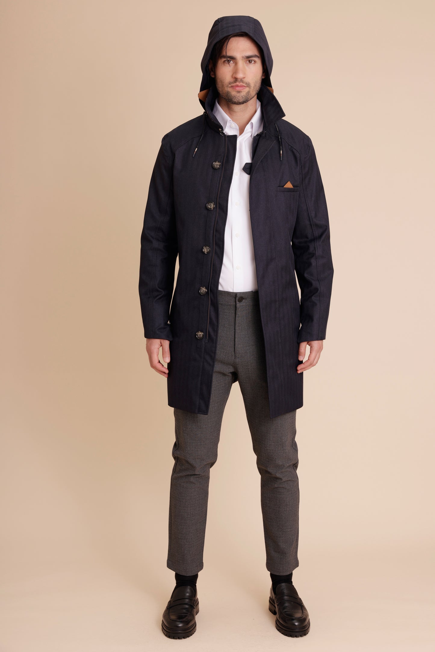 Waterproof Straight Fit Trenchcoat  | Navy Herringbone