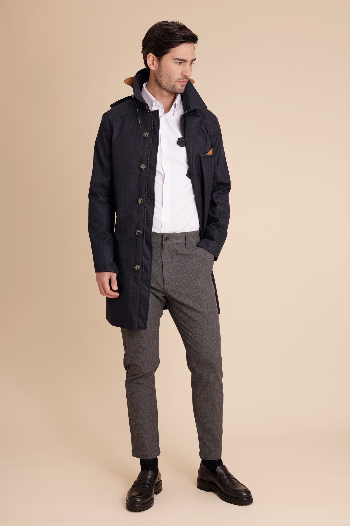 Waterproof Straight Fit Trenchcoat  | Navy Herringbone