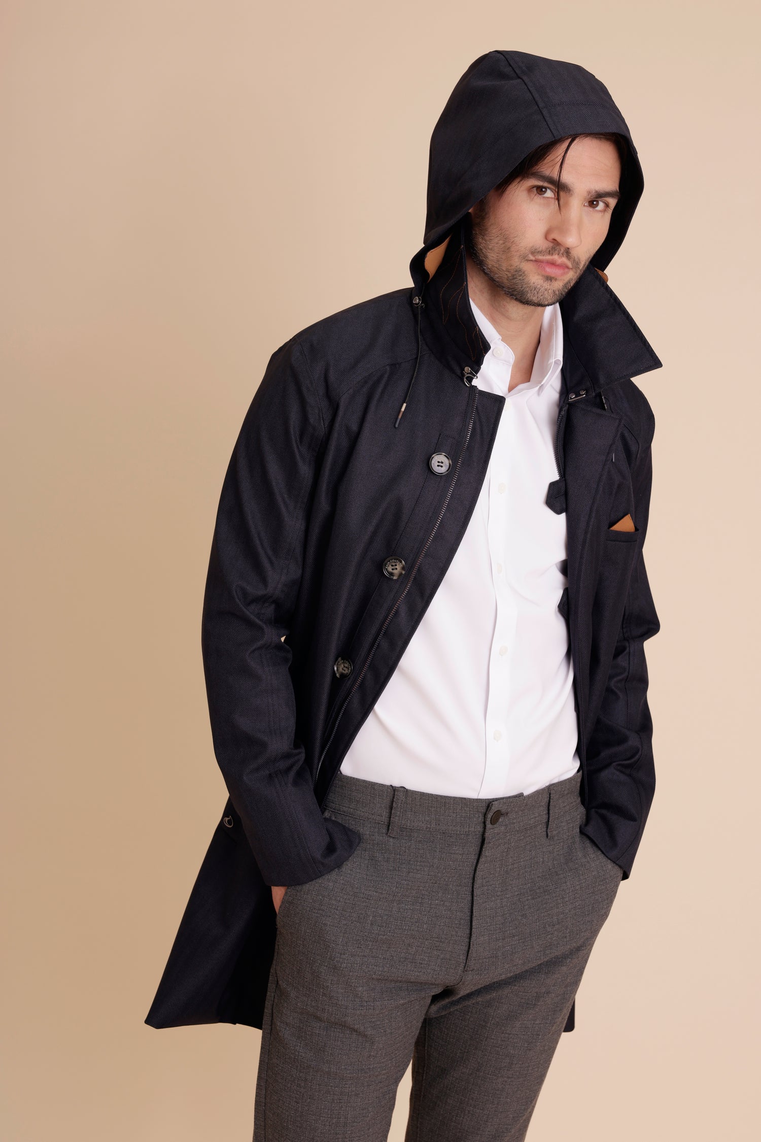 Waterproof Straight Fit Trenchcoat  | Navy Herringbone