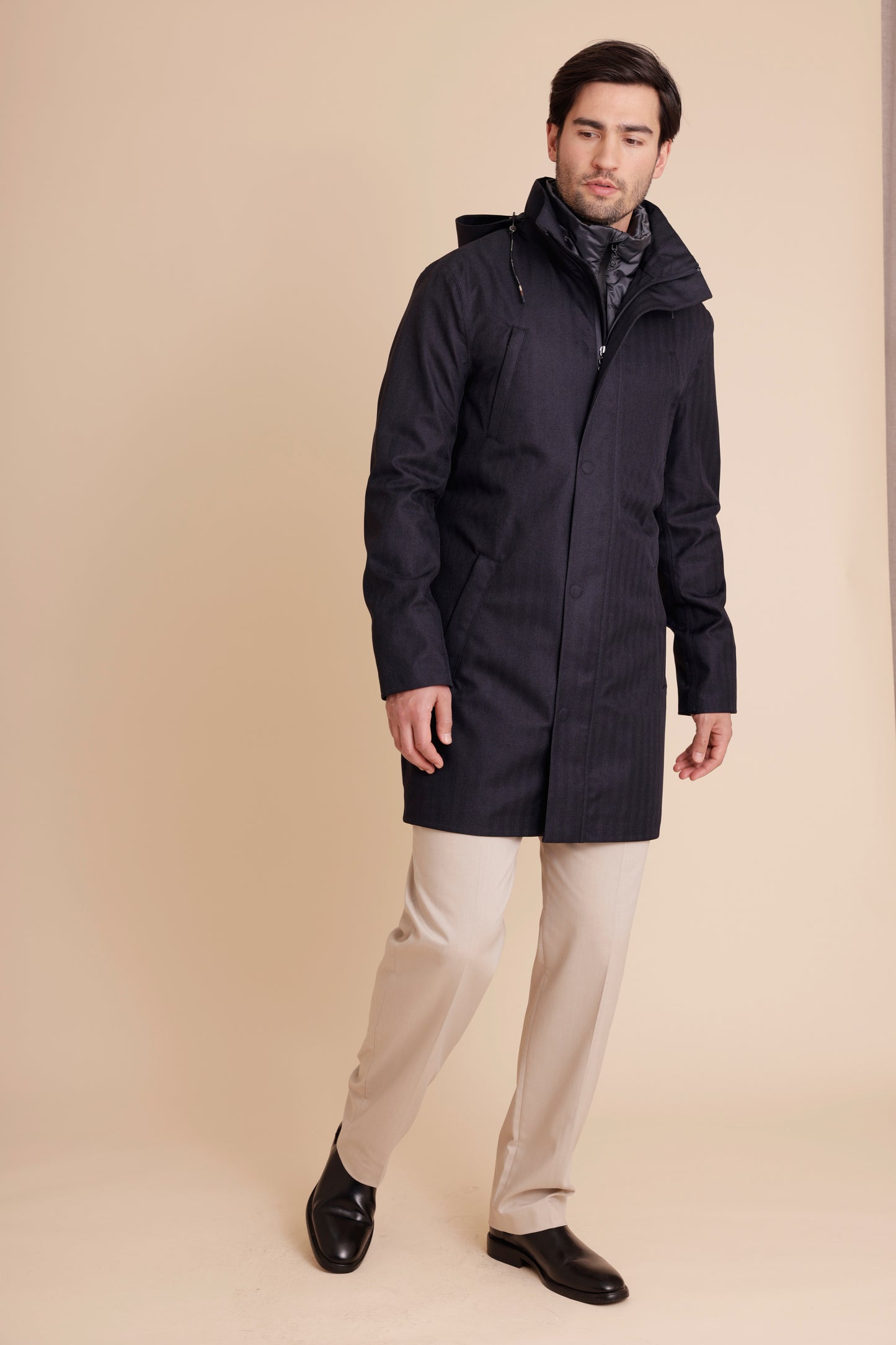 Waterproof Tailored Fit Parka  | Navy Herringbone