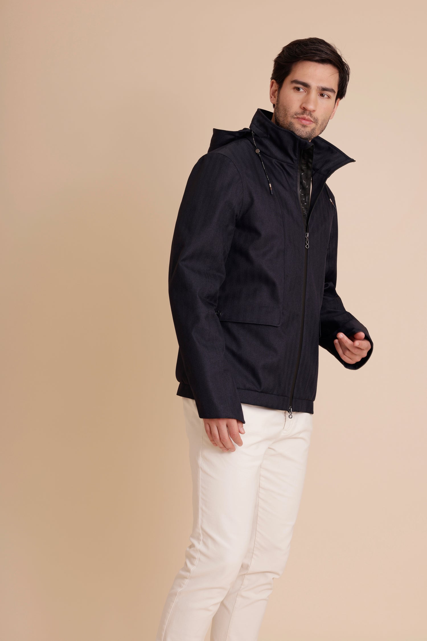 Waterproof Relaxed Fit Short Jacket  | Navy Herringbone