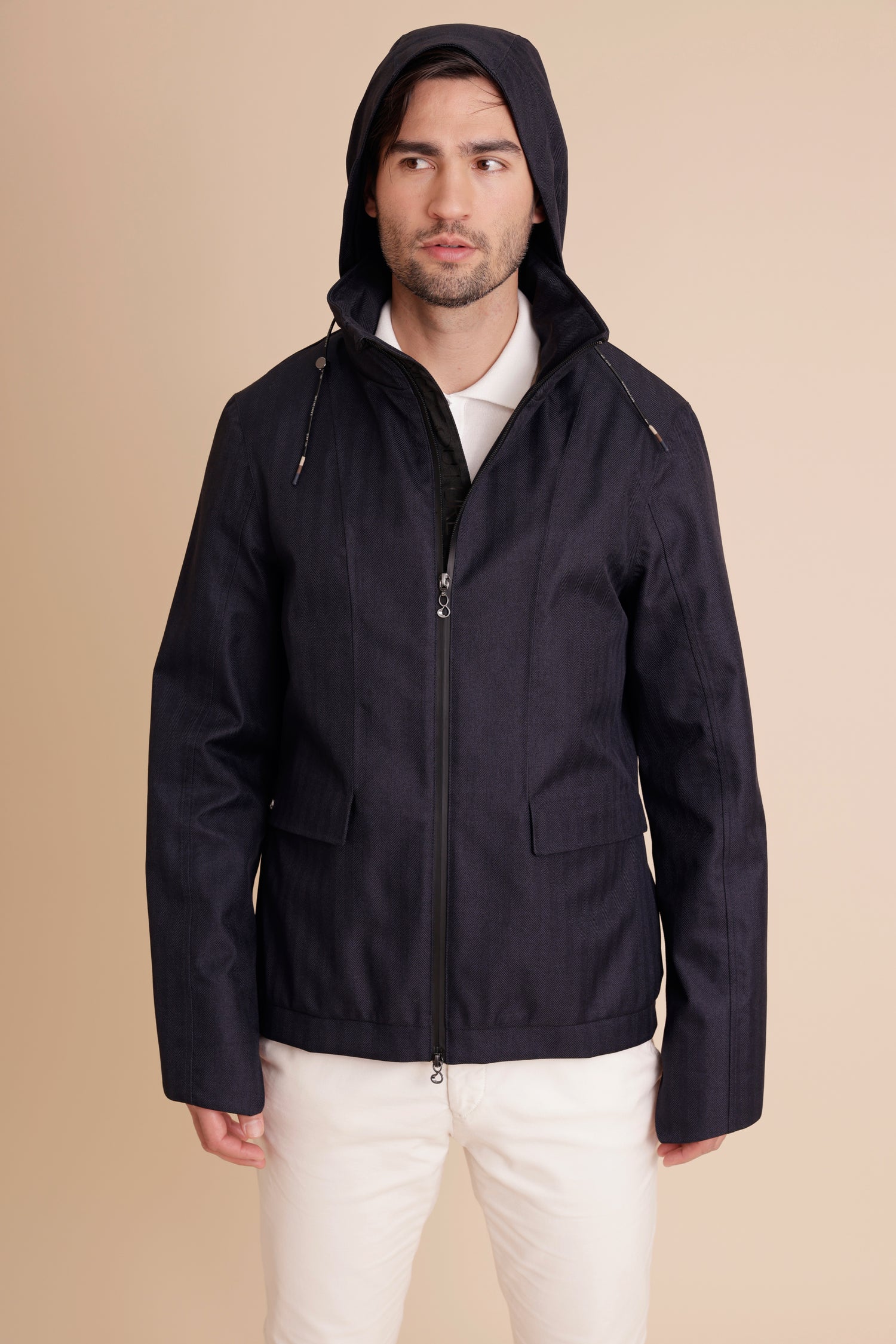 Waterproof Relaxed Fit Short Jacket  | Navy Herringbone