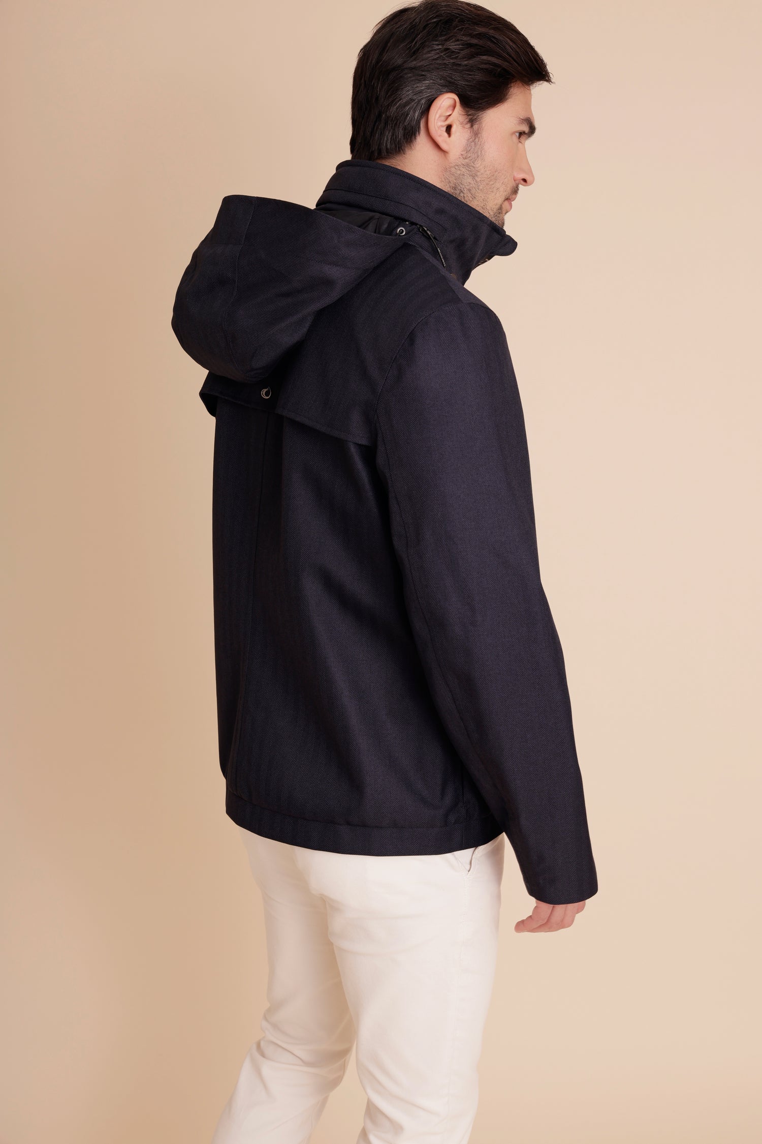 Waterproof Relaxed Fit Short Jacket  | Navy Herringbone