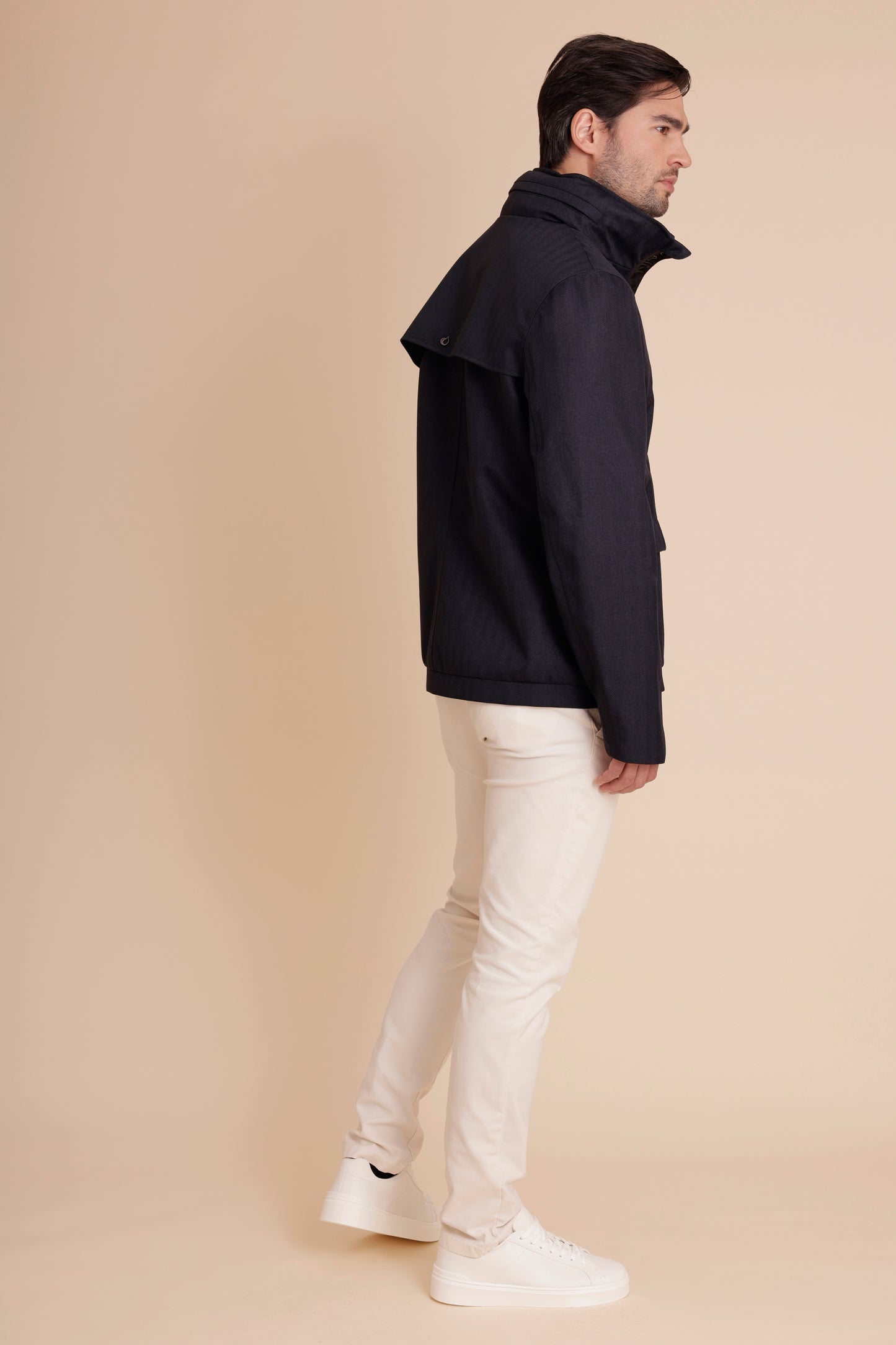 Waterproof Relaxed Fit Short Jacket  | Navy Herringbone