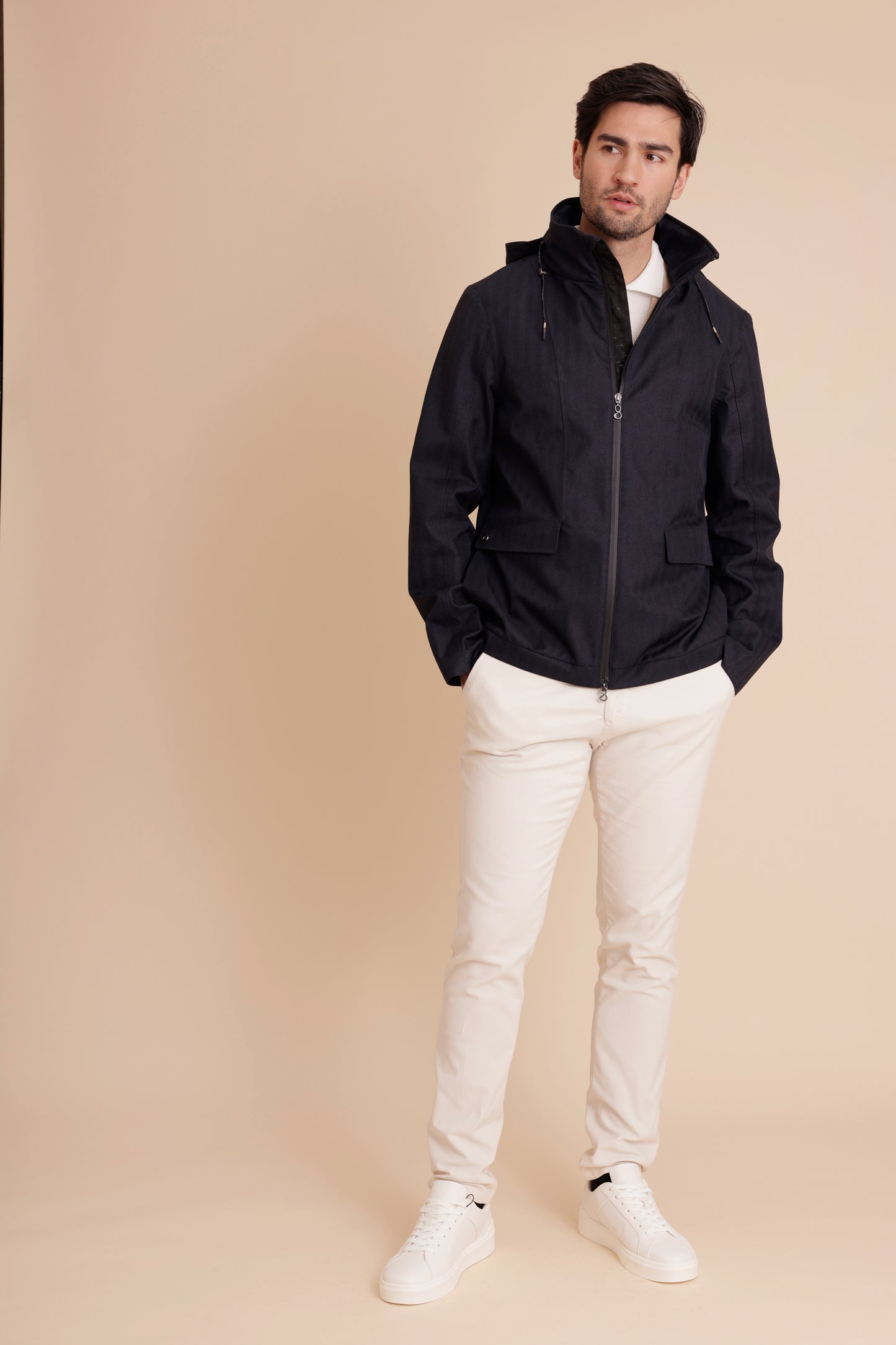 Waterproof Relaxed Fit Short Jacket  | Navy Herringbone