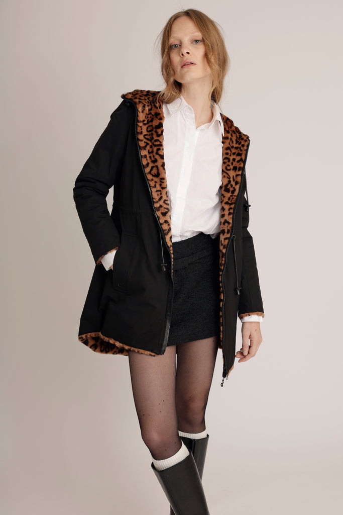 Reversible Parka with Faux Fur Lining - Leopard/ Black