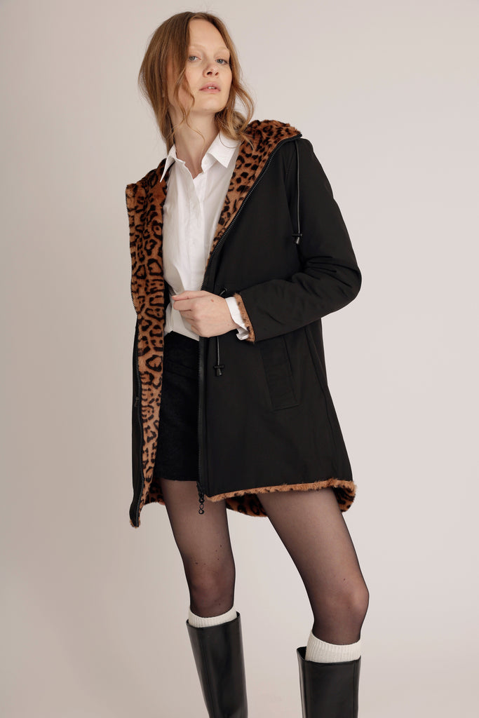 Reversible Parka with Faux Fur Lining - Leopard/ Black